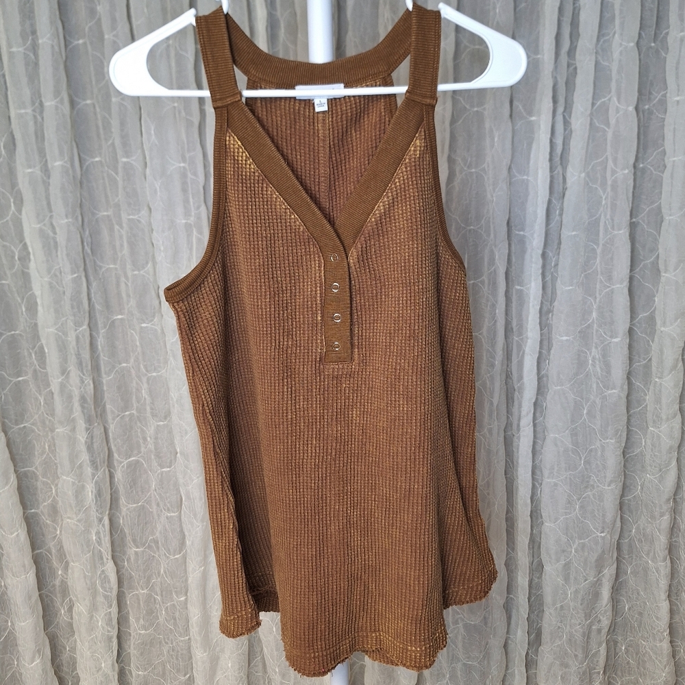 White BirchBrown Mineral Wash Waffle Knit Fray Rounded Hem Tank 100% Cotton - Picture 3 of 8